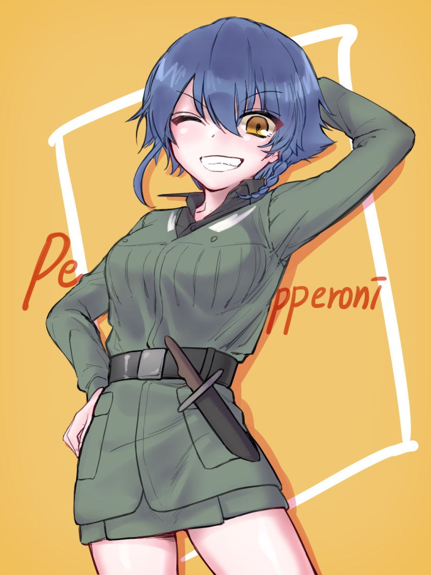 100zi 1girl ;) anzio_military_uniform arm_behind_head arm_up background_text bangs belt black_belt black_hair black_shirt braid brown_eyes character_name commentary cowboy_shot dress_shirt eyebrows_visible_through_hair girls_und_panzer grey_jacket grey_skirt grin hand_on_hip highres jacket knife long_sleeves looking_at_viewer military military_uniform miniskirt one_eye_closed orange_background pepperoni_(girls_und_panzer) shadow shirt short_hair side_braid skirt smile solo standing uniform wing_collar