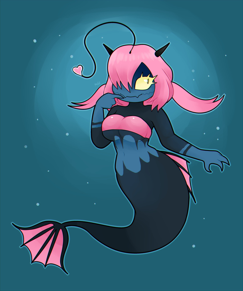 &lt;3 absurd_res anglerfish anglerfish_humanoid anthro breasts clothing female finger_to_mouth fish fishelle_(bourbunbun) hair hi_res horn humanoid marine metapuns pink_hair solo tight_clothing under_boob