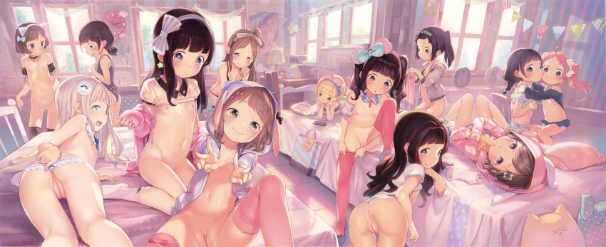 6+girls :p absurdres anonymous_(japanese) bag banana bed black_hair blonde_hair blue_eyes blue_ribbon blush brown_eyes cellphone clock earrings figure food frills fruit hair_ribbon hairband handheld_game_console highres hood hooded_jacket hug jacket jewelry looking_at_viewer looking_back multiple_girls necklace om_nom_nom open_mouth original pantyhose phone pink_hair plant playstation_portable portrait_(object) potted_plant purple_eyes purple_ribbon red_legwear ribbon short_hair silver_hair socks star_(symbol) star_earrings tongue tongue_out twintails window