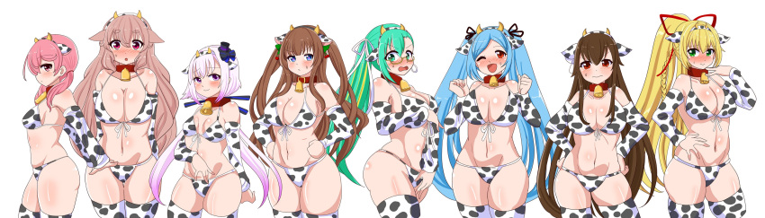 .live 6+girls absurdres alternate_costume animal_ears animal_print bell blue_hair blush breasts brown_hair carro_pino cleavage collar collarbone commentary cow_girl cow_print cowbell detached_sleeves embarrassed glasses highres kagura_suzu_(.live) kakyouin_chieri kitakami_futaba kongou_iroha large_breasts long_hair mokota_mememe multiple_girls one_eye_closed open_mouth pink_hair ponytail red_eyes sheep_ears simple_background small_breasts smile thick_eyebrows thighhighs twintails virtual_youtuber white_background yaezawa_natori