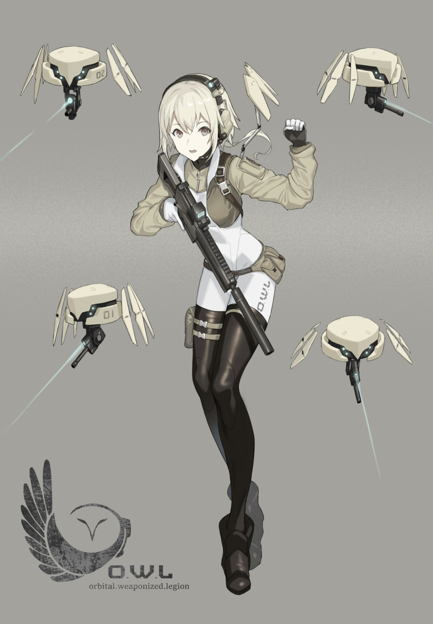 1girl :d belt belt_pouch black_footwear bodysuit boots cropped_jacket floating_hair full_body gloves grey_background grey_eyes grey_hair gun hand_up harness headset highres holding holding_gun holding_weapon km_yama leaning_forward logo long_sleeves looking_at_viewer open_mouth original pale_skin ponytail pouch robot simple_background smile solo suppressor tactical_clothes trigger_discipline weapon white_bodysuit