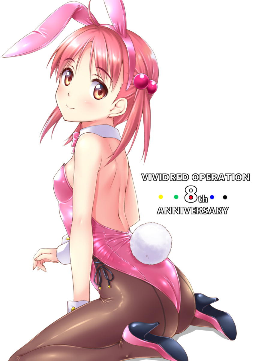1girl alternate_costume animal_ears anniversary back-seamed_legwear bow bowtie brown_legwear bunny_ears bunny_tail commentary_request copyright_name detached_collar fake_animal_ears from_behind full_body hair_bobbles hair_ornament high_heels highres isshiki_momo leotard long_hair looking_at_viewer nonbe pantyhose pink_footwear pink_hair pink_leotard pink_neckwear playboy_bunny red_eyes seamed_legwear short_hair sitting solo strapless strapless_leotard tail vividred_operation wariza wrist_cuffs
