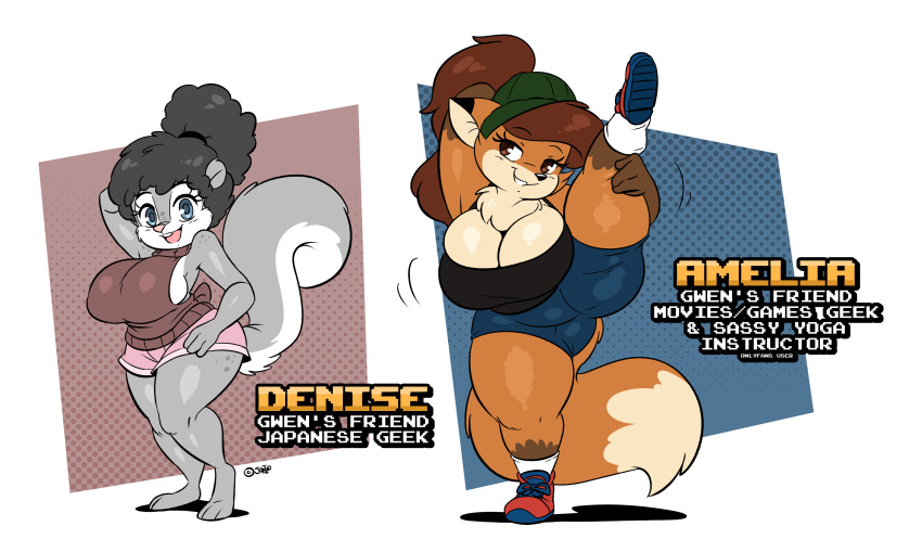 absurd_res amelia_(joaoppereiraus) anthro big_breasts black_hair blue_eyes breasts brown_eyes brown_hair canid canine cleavage clothed clothing denise_(joaoppereiraus) dipstick_ears dipstick_tail duo english_text female flexible footwear fox hair hi_res joaoppereiraus mammal multicolored_ears multicolored_tail one_leg_up raised_leg rodent sciurid shoes splits spread_legs spreading standing text thick_thighs vertical_splits