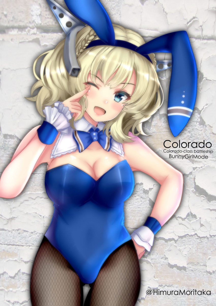 1girl absurdres animal_ears black_legwear blonde_hair blue_eyes blue_leotard blue_neckwear blue_ribbon bow bowtie breasts bunny_ears character_name colorado_(kantai_collection) covered_navel detached_collar eyebrows_visible_through_hair fake_animal_ears finger_to_eye fire_maxs fishnet_legwear fishnets hand_on_hip highres kantai_collection large_breasts leotard medium_breasts one_eye_closed pantyhose playboy_bunny playboy_bunny_leotard ribbon short_hair side_braids solo strapless strapless_leotard twitter_username wing_collar wrist_cuffs