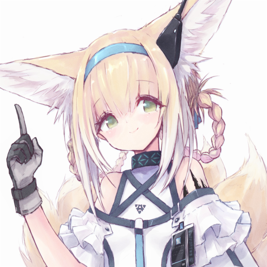 1girl absurdres animal_ear_fluff animal_ears arknights bangs bare_shoulders blonde_hair buran_(kure) closed_mouth commentary_request earpiece eyebrows_visible_through_hair fox_ears fox_girl fox_tail gloves green_eyes grey_background grey_gloves hair_between_eyes hand_up highres huge_filesize index_finger_raised infection_monitor_(arknights) kitsune multicolored_hair oripathy_lesion_(arknights) shirt simple_background smile solo suzuran_(arknights) tail two-tone_hair upper_body white_hair white_shirt