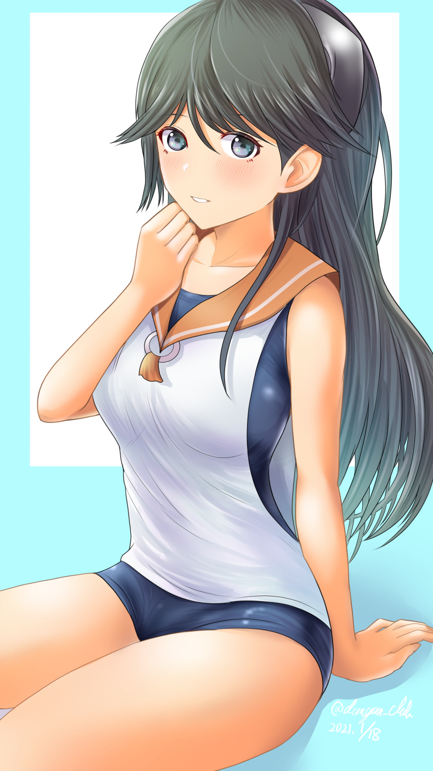 1girl absurdres alternate_breast_size aqua_background black_hair blue_swimsuit breasts covered_navel dangan_kurabu dated hair_between_eyes headgear highres i-400_(kantai_collection) kantai_collection long_hair looking_at_viewer medium_breasts one-piece_swimsuit sailor_collar sailor_shirt school_swimsuit shirt side-tie_shirt silver_eyes sitting sleeveless sleeveless_shirt smile solo swimsuit swimsuit_under_clothes tan twitter_username