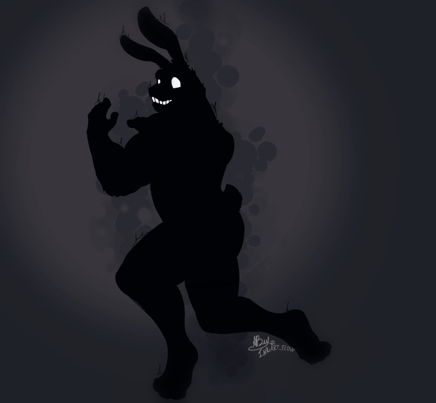 2020 3_toes ambiguous_gender anthro barazoku barefoot biceps black_body black_ears black_fur black_tail butt empty_eyes feet fingers five_nights_at_freddy's five_nights_at_freddy's_2 fur grey_background hi_res inkart_flow lagomorph leporid long_ears looking_at_viewer mammal manly muscular muscular_ambiguous muscular_anthro nude presenting presenting_hindquarters rabbit raised_arm scut_tail shadow shadow_bonnie_(fnaf) shilloute simple_background smile solo standing teeth thick_thighs toes triceps video_games white_eyes