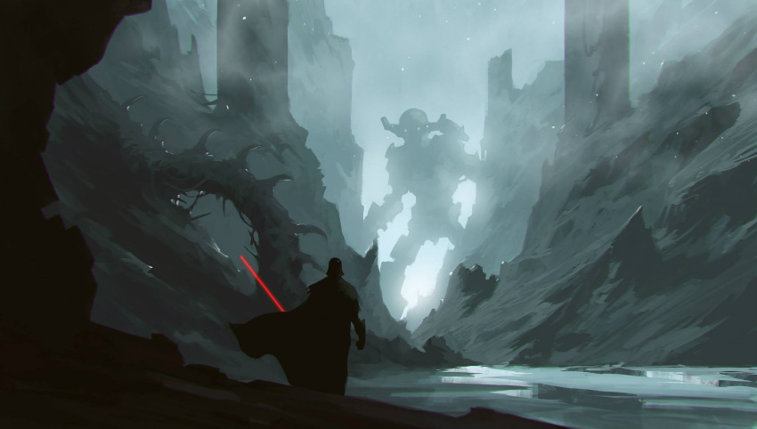 1boy black_cape black_gloves cape commentary crossover darth_vader energy_sword english_commentary fog from_behind giant gloves glowing glowing_eyes helm helmet highres kalmahul lightsaber looking_at_another outdoors red_lightsaber ruins scenery shadow_of_the_colossus standing star_wars sword weapon