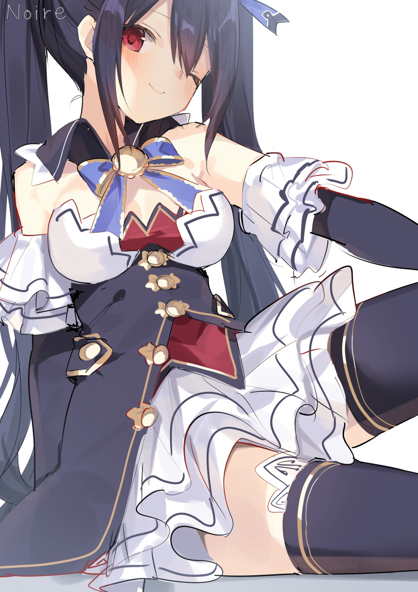 1girl absurdres black_hair black_legwear breasts buran_buta detached_sleeves frills hair_between_eyes hair_ornament hair_ribbon highres long_hair looking_at_viewer neptune_(series) noire one_eye_closed red_eyes ribbon simple_background sitting smile solo thighhighs twintails white_background