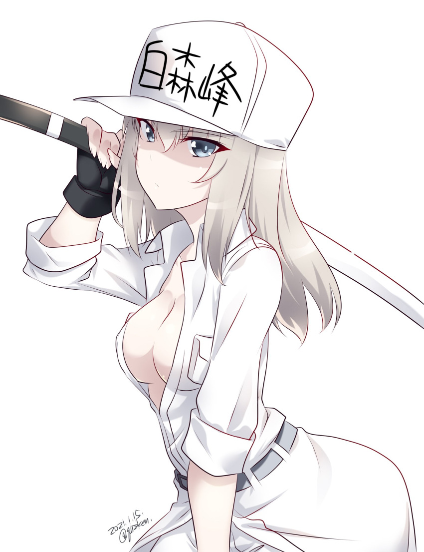 1girl artist_name black_gloves blue_eyes breasts cleavage closed_mouth cosplay dated eyebrows_visible_through_hair fingerless_gloves girls_und_panzer gloves hat hataraku_saibou highres itsumi_erika kuzuryuu_kennosuke looking_at_viewer medium_breasts no_bra open_clothes open_shirt shiny shiny_skin short_hair simple_background solo sword upper_body weapon white_background white_blood_cell_(hataraku_saibou) white_blood_cell_(hataraku_saibou)_(cosplay) white_hair white_headwear white_theme