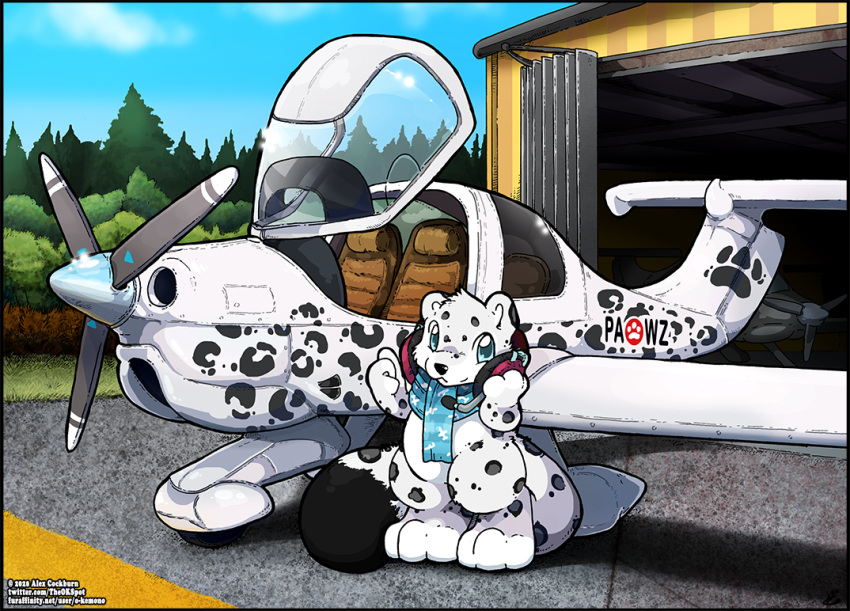 2020 aircraft airplane anthro blue_eyes felid forest fur leopard male mammal o-kemono pantherine plant scarf solo spots spotted_body spotted_fur tree white_body white_fur