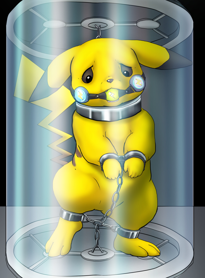 ball_gag battery chain chained containment feral gag handcuffs hi_res nintendo pikachu pok&eacute;mon pok&eacute;mon_(species) raptorroper shackled shackles solo video_games
