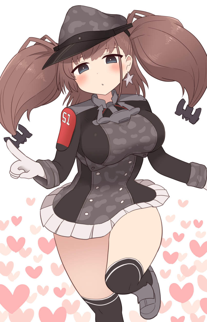 1girl anchor_hair_ornament atlanta_(kantai_collection) black_headwear black_legwear blush brown_hair cosplay earrings gloves grey_eyes grey_footwear hair_ornament hat heart highres jewelry kantai_collection leg_up long_hair over-kneehighs peaked_cap prinz_eugen_(kantai_collection) prinz_eugen_(kantai_collection)_(cosplay) simoyuki skirt solo star_(symbol) star_earrings thighhighs two_side_up white_background white_gloves white_skirt