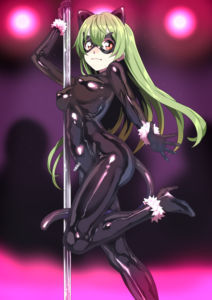 1girl :3 animal_ears bodysuit breasts cat_ears cat_tail closed_mouth copyright_request covered_nipples domino_mask fur_trim green_hair highres holding leg_up lights long_hair looking_at_viewer mask medium_breasts pole red_eyes shin'ya_(shin'yanchi) silhouette standing standing_on_one_leg tail very_long_hair zipper
