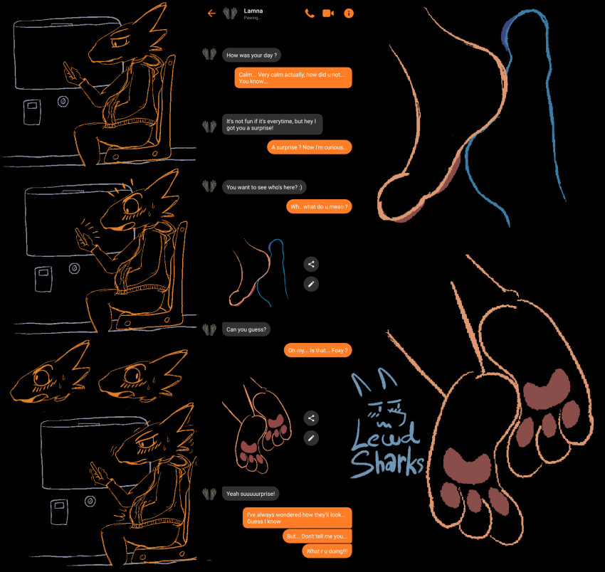 animal_humanoid anthro beans dialogue duo female fish fish_humanoid hi_res humanoid kobold lewdshark male male/female marine marine_humanoid message pawpads paws shark shark_humanoid