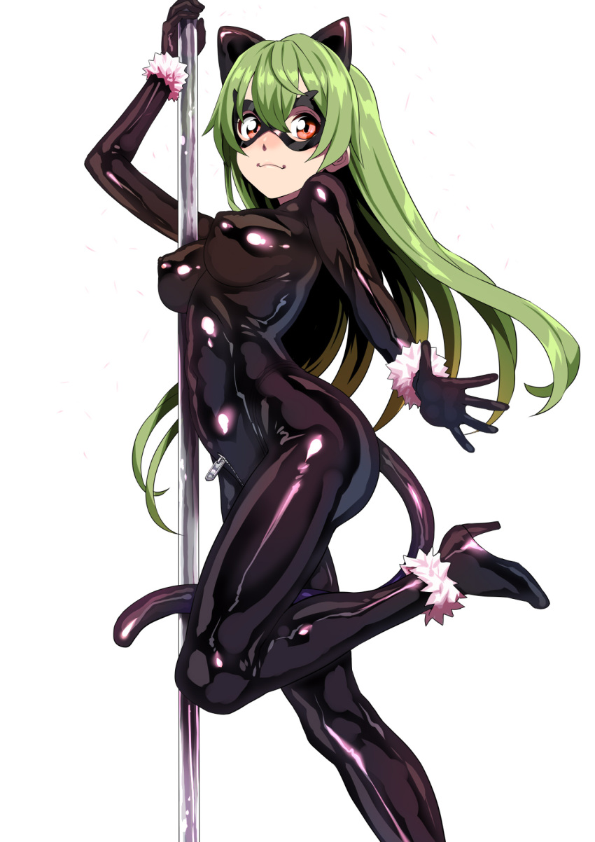 1girl :3 animal_ears bodysuit breasts cat_ears cat_tail closed_mouth copyright_request covered_nipples domino_mask fur_trim green_hair highres holding leg_up long_hair looking_at_viewer mask medium_breasts pole red_eyes shin'ya_(shin'yanchi) simple_background solo standing standing_on_one_leg tail very_long_hair white_background zipper