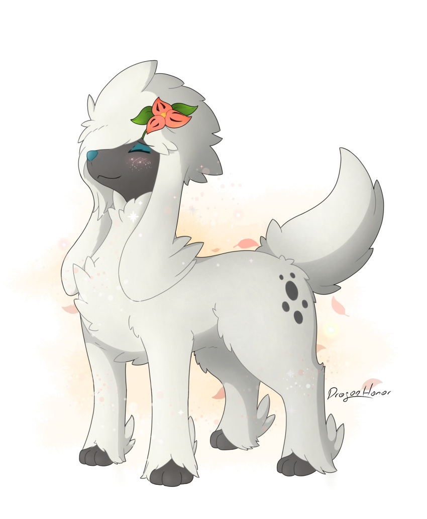 blush canid canine dragonhonor_(artist) eyes_closed feral flower furfrou happy hi_res mammal nintendo plant pok&eacute;mon pok&eacute;mon_(species) smile video_games