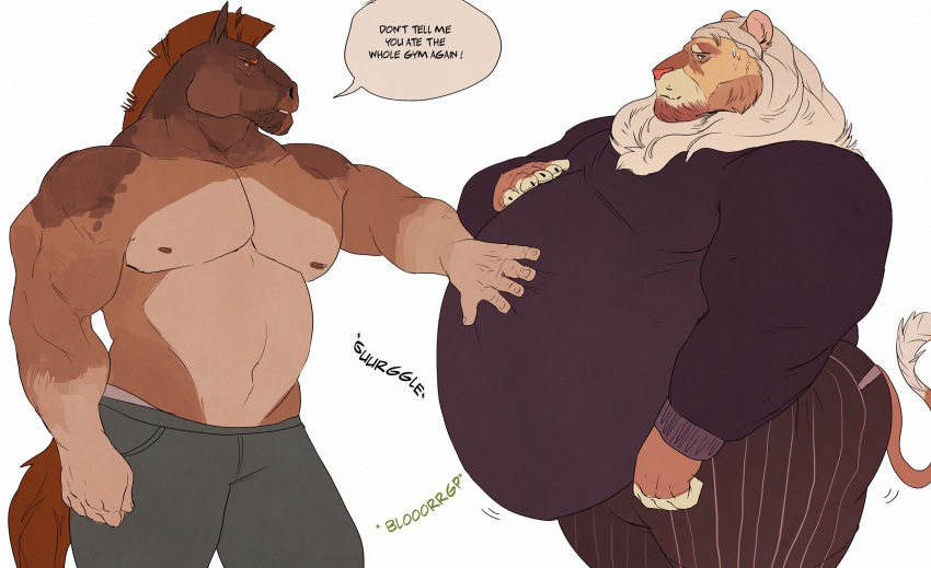 5_fingers after_vore anthro belly big_belly bodily_fluids butt clothed clothing duo english_text equid equine facial_hair felid fingers hand_on_stomach hi_res horse lion looking_at_another looking_away male mammal mane musclegut muscular muscular_anthro muscular_male overweight overweight_anthro overweight_male pantherine shirt sound_effects speech_bubble sweat sweatdrop text topless topwear vetrowolf vore