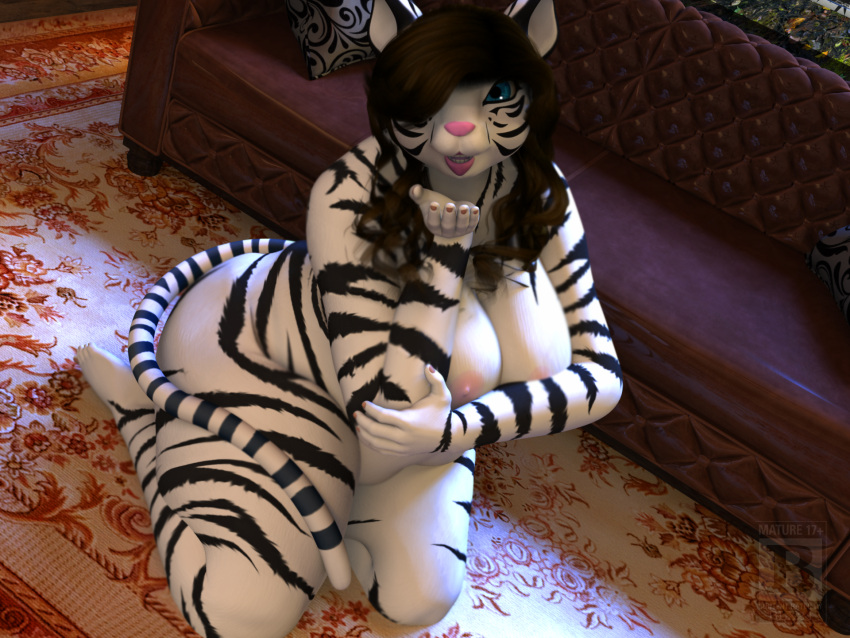 3d_(artwork) 4:3 anthro black_stripes blue_eyes blx24 breasts brown_hair chubby_female cleavage clothed clothing digital_media_(artwork) felid female fur hair hi_res mammal nude pantherine siberian_tiger solo stripes tiger white_body white_fur