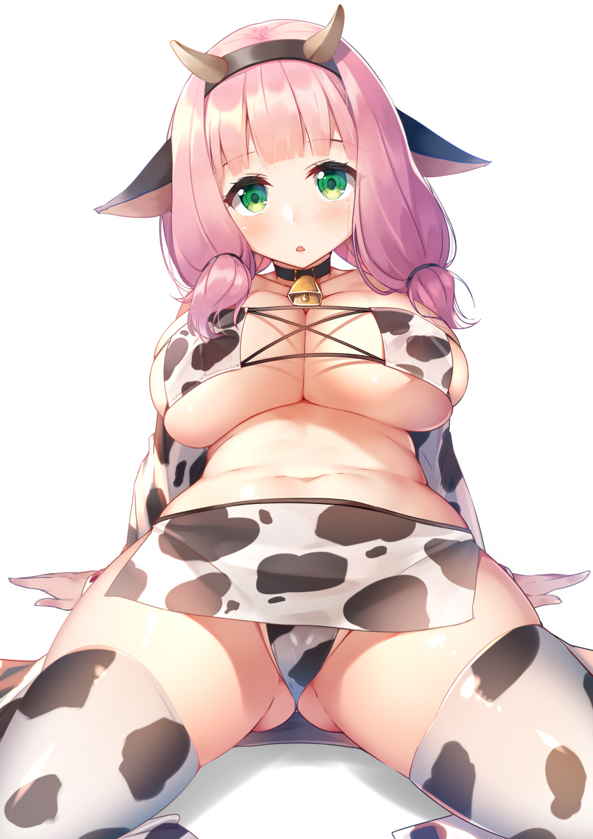 1girl absurdres animal_ears animal_print arm_support bang_dream! bangs bell bell_choker blush breasts choker cleavage collarbone cow_ears cow_girl cow_horns cow_print cowbell eyepatch_bikini fake_animal_ears fake_horns green_eyes hair_tie hairband highres horns large_breasts looking_at_viewer low_twintails medium_hair nasudora navel open_mouth pelvic_curtain pink_hair simple_background sitting solo thighhighs twintails uehara_himari white_background