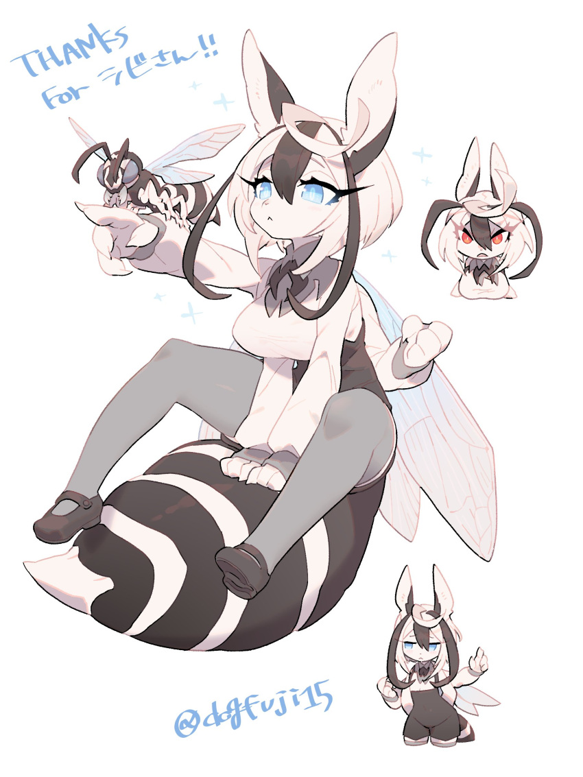 2021 3:4 4_fingers absurd_res anthro arthropod bee big_breasts black_clothing black_footwear black_shoes blue_eyes breasts canid canine canis clothed clothing dogfuji15 domestic_dog duo english_text female feral fingers footwear hair hi_res hybrid hymenopteran insect japanese_text kemono looking_at_viewer mammal multi_arm multi_limb red_eyes simple_background solo_focus sparkles text white_background white_hair wings