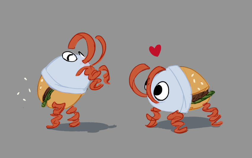 absurdres black_eyes bug bugsnax bunger closed_eyes curly_fries floating_heart food grey_background hamburger happy heart highres lettuce looking_at_another meat rearing seed sesame_seeds shadow simple_background tagme wrapper yumkrill