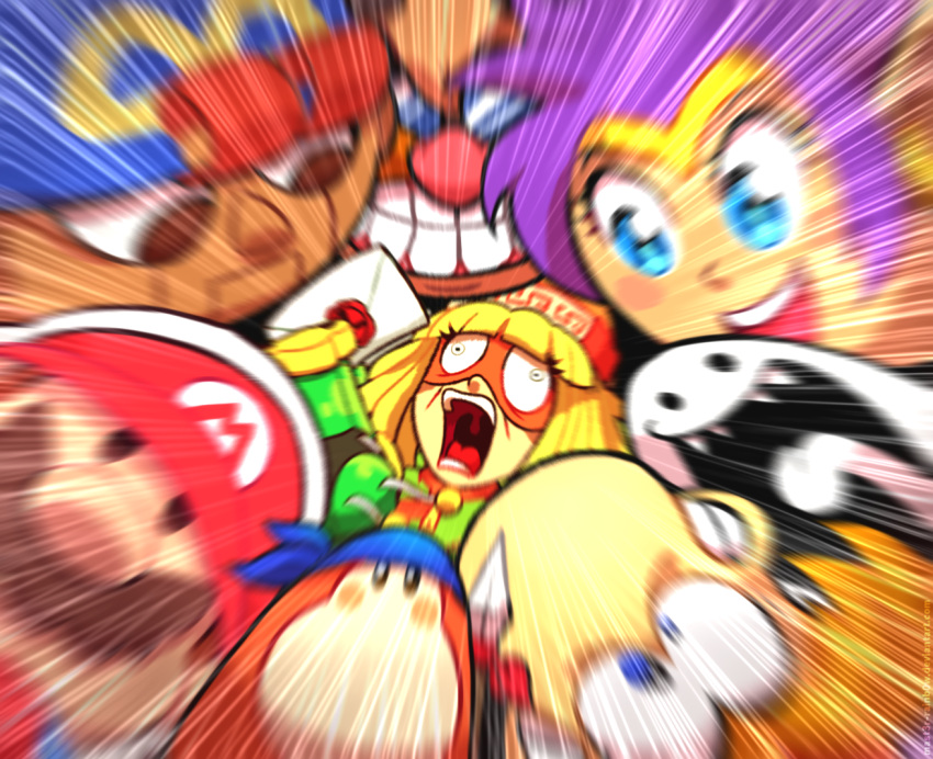 arms_(game) bandana_waddle_dee bangs beanie blonde_hair blue_eyes blue_headwear blunt_bangs blurry_foreground blush_stickers brown_eyes circlet closed_mouth commentary cropped_jacket crossover doll domino_mask dr._eggman earrings english_commentary envelope facial_hair geno_(mario) green_jacket grin hat holding hoop_earrings jacket jewelry knit_hat looking_at_another mario mario_(series) mask mast3r-rainb0w meandros min_min_(arms) multiple_boys multiple_girls mustache open_mouth orange_headwear paper_mario pince-nez print_headwear purple_hair rayman red_headwear rhythm_tengoku screaming shantae_(character) shantae_(series) smile solid_circle_eyes sonic_the_hedgehog sunglasses super_mario_rpg super_smash_bros. teeth tongue uvula waddle_dee wall-eyed zipper_pull_tab