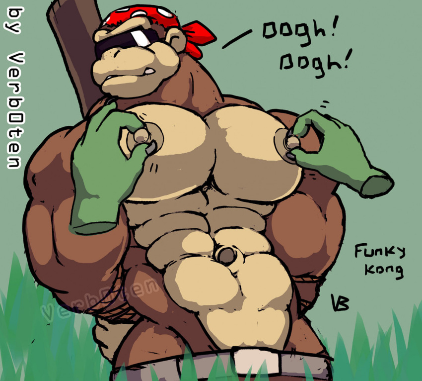 abs anthro ape arms_tied belt biceps bound brown_body clothed clothing donkey_kong_(series) english_text funky_kong haplorhine male mammal muscular muscular_anthro muscular_male nintendo nipple_fetish nipple_play nipples pecs primate solo teeth text topless verb0ten video_games