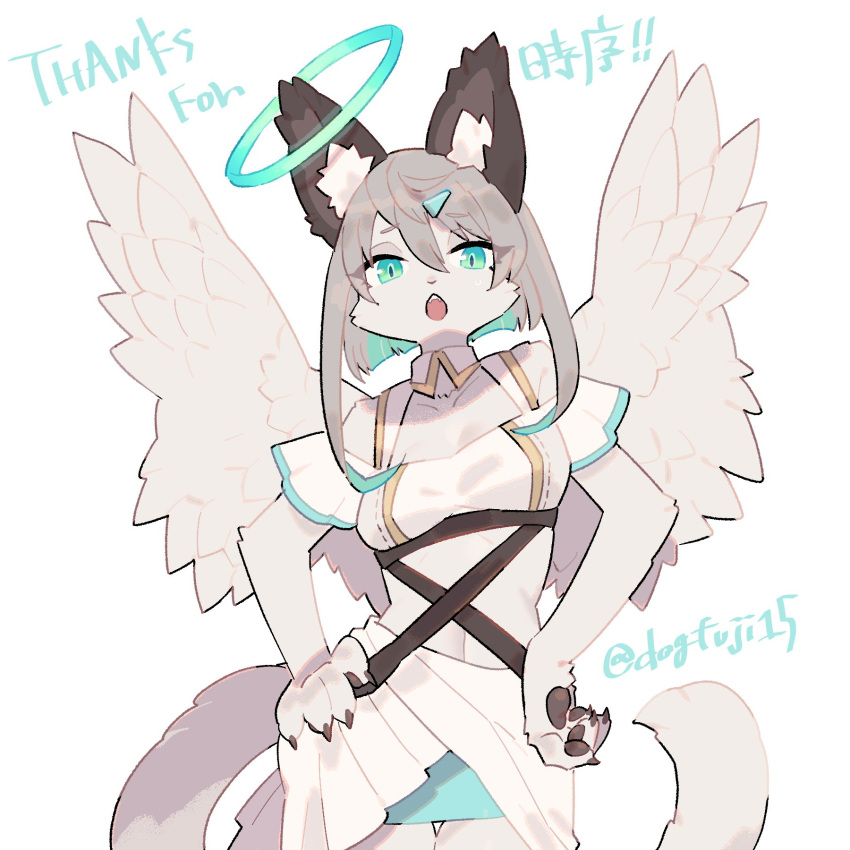 1:1 2021 4_fingers angel anthro blue_eyes canid canine canis clothing dogfuji15 domestic_dog english_text female fingers fur grey_hair hair halo hi_res japanese_text kemono long_hair looking_at_viewer mammal open_mouth simple_background solo text white_background white_body white_clothing white_fur wings