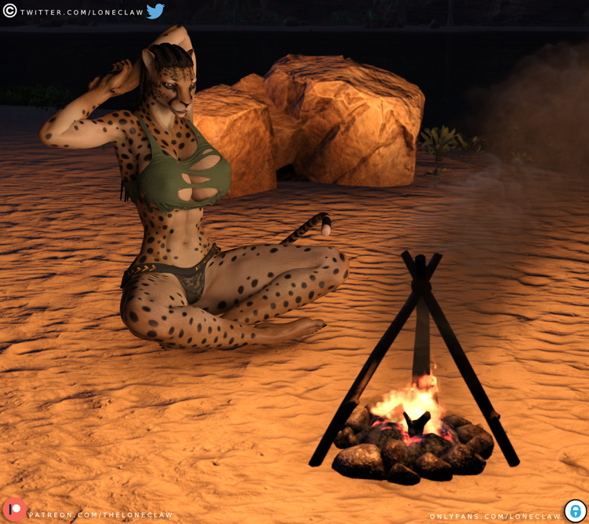 3d_(artwork) anthro artificial_lifeform athletic athletic_anthro athletic_female beach big_breasts bioroid braided_hair breasts campfire cheetah cleavage clothed clothing conan_exiles curvy_figure daz3d daz_3d daz_studio digital_media_(artwork) ennex_wandi_(loneclaw) felid feline female hair half_naked hourglass_figure loneclaw mammal muscular muscular_anthro muscular_female night partially_clothed seaside slim small_waist solo stranded super_soldier survival tattered_clothing text url