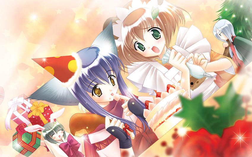 animal_ears apron black_hair blue_hair blush brown_hair bunny_ears cake chikage_(tail_tale) christmas closed_eyes dutch_angle eating food fruit gift green_eyes hat highres iori_(tail_tale) koma_(tail_tale) long_hair louis&amp;visee maid_headdress min_(tail_tale) multiple_girls pastry pastry_bag ribbon short_hair silver_hair strawberry strawberry_shortcake tail_tale tanuki yellow_eyes