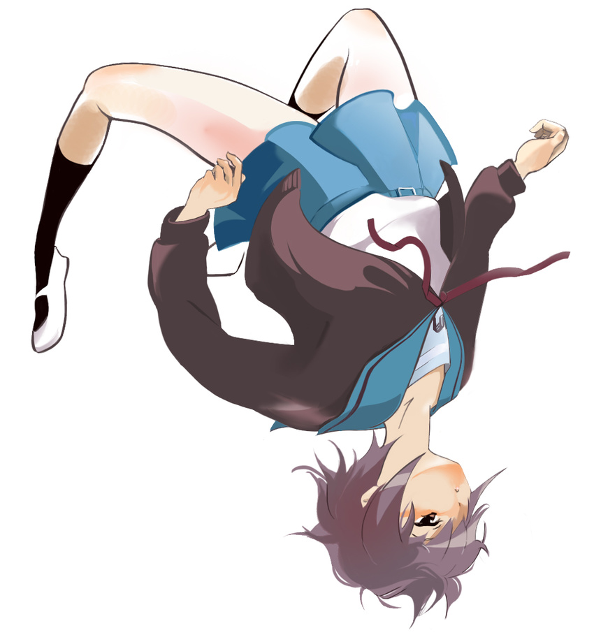 bad_id bad_pixiv_id bangs blue_sailor_collar cardigan kita_high_school_uniform long_sleeves mta nagato_yuki sailor_collar school_uniform serafuku short_hair solo somersault suzumiya_haruhi_no_yuuutsu upside-down