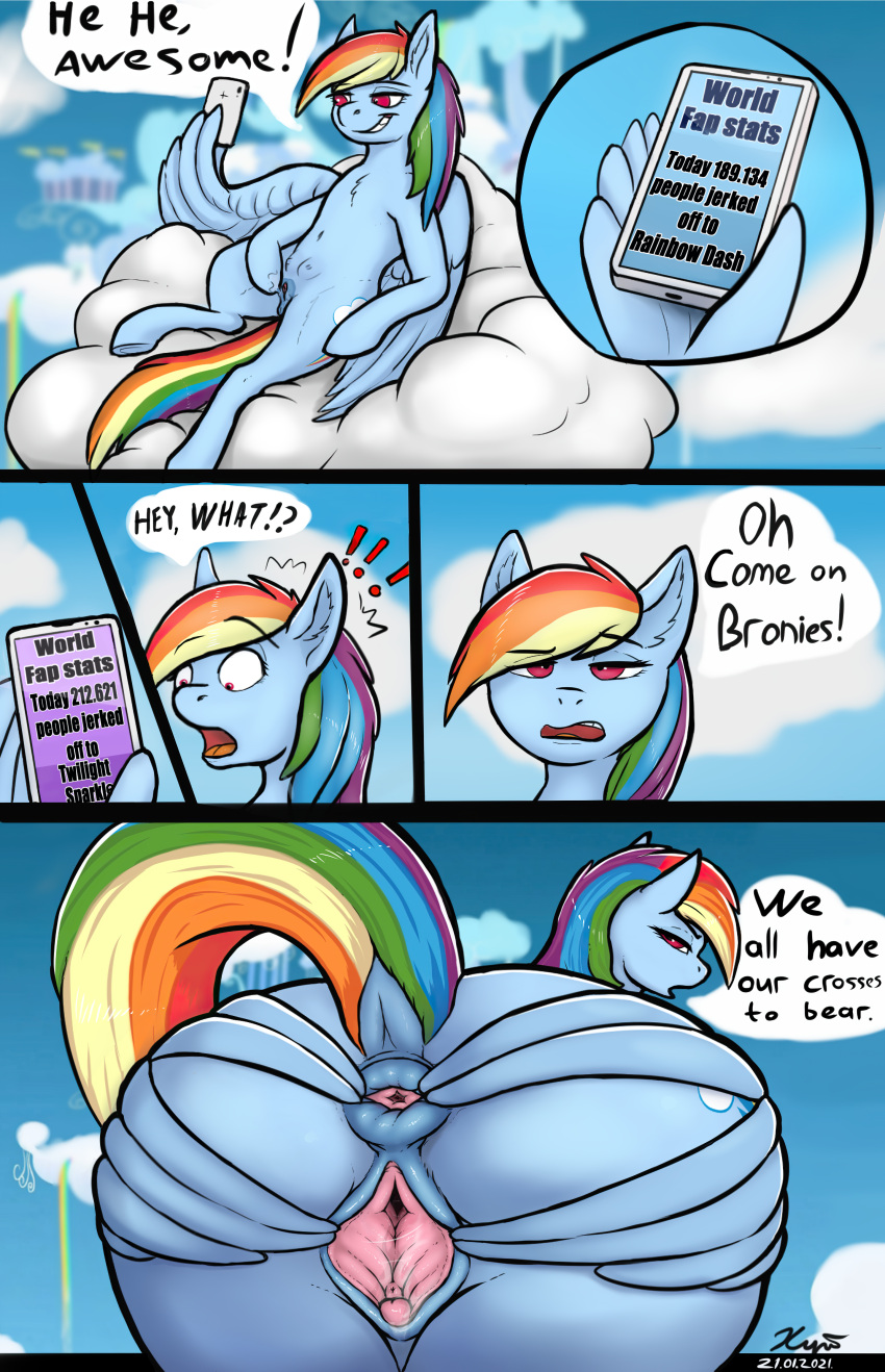 2021 absurd_res anus butt clitoris cloud cutie_mark dialogue dock english_text equid equine eyebrows female friendship_is_magic genitals hasbro hi_res looking_at_viewer looking_back mammal multicolored_tail my_little_pony on_cloud open_mouth outside pegasus presenting pussy rainbow_dash_(mlp) rainbow_tail rear_view solo spread_pussy spreading teats text wings xyi