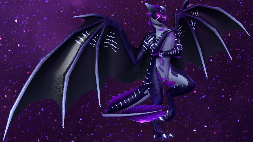 16:9 2021 3_toes 3d_(artwork) absurd_res angelboyvr animal_genitalia anthro bedroom_eyes belly claws crossed_arms curled_tail digital_media_(artwork) dragon drayce_from_outer_space ear_piercing erection feet feral fin floating front_view genital_slit genitals glowing glowing_eyes glowing_stripes hi_res horn knot looking_at_viewer male narrowed_eyes on_hind_legs outside paws penis piercing pink_eyes pupils purple_background purple_body purple_penis raised_leg realistic scalie seductive simple_background slit slit_pupils smooth_horn solo space spacescape spread_wings standing striped_body stripes talons tattoo teeth thick_thighs toes white_belly widescreen wings