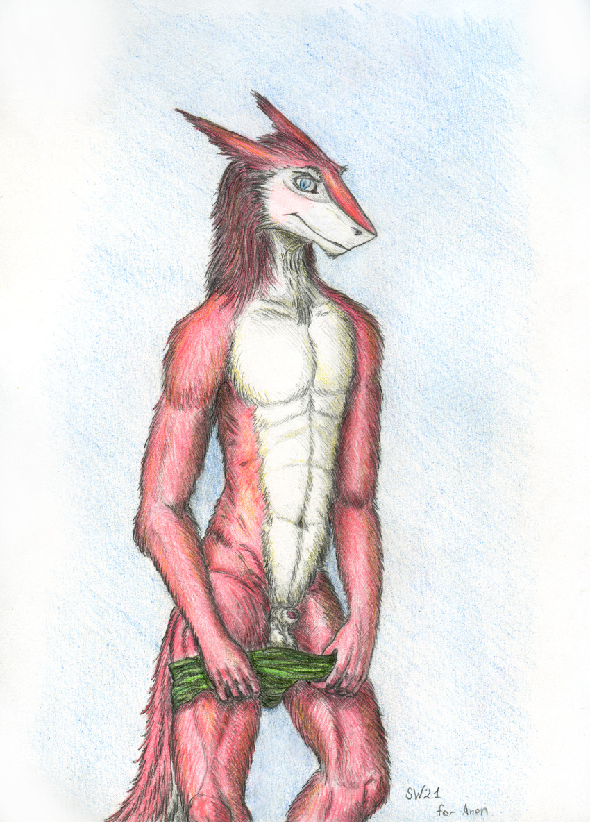 5_fingers abstract_background animal_genitalia anthro balls blue_eyes blush claws clothing colored_pencil_(artwork) fingers flaccid fluffy fully_sheathed fur genitals hi_res male mane navel nude penis presenting pulling_down red_body red_fur scalywanderer sergal sheath shy slim solo swimming_trunks swimwear traditional_media_(artwork) undressing white_body white_fur