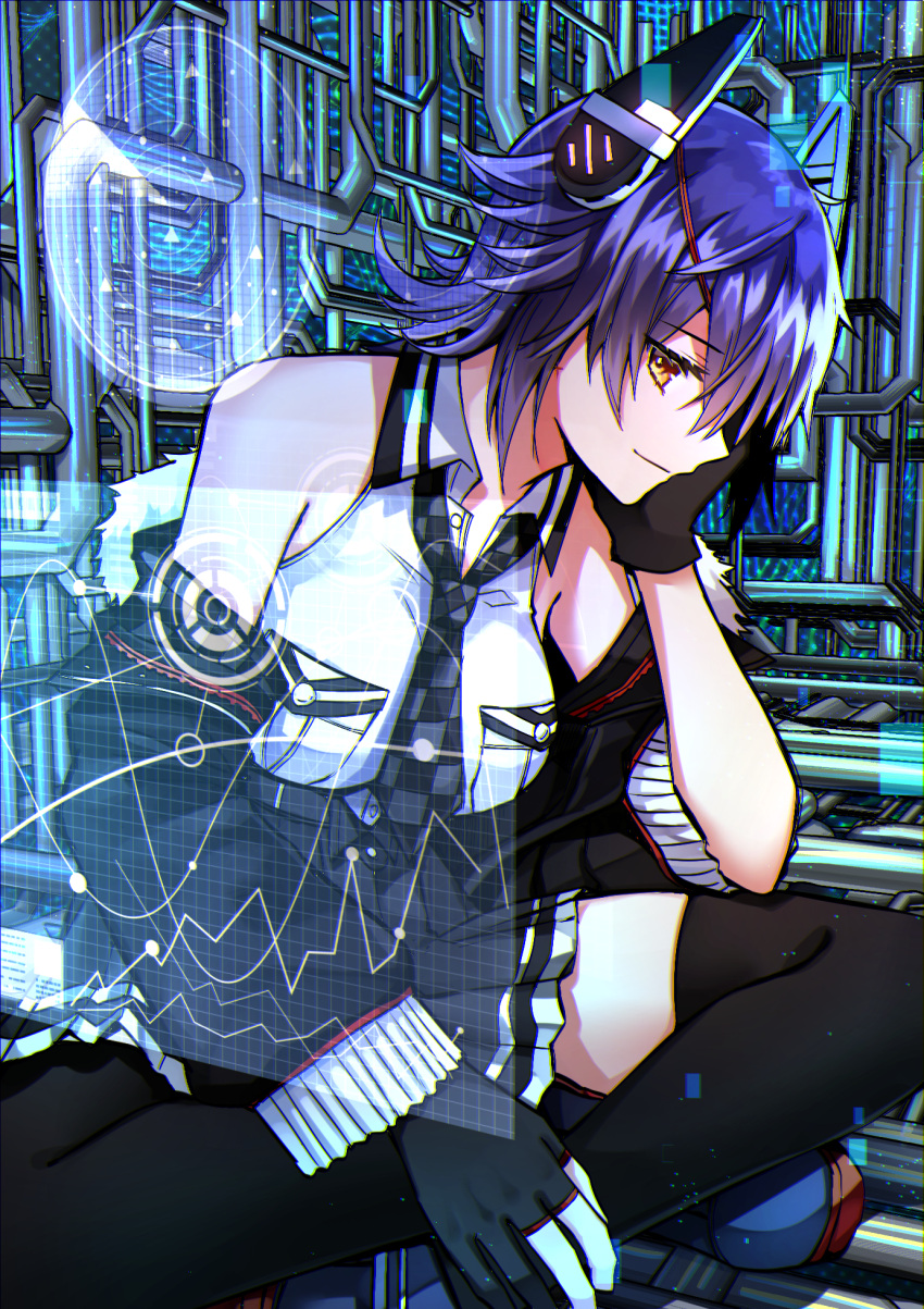 1girl black_gloves black_jacket black_skirt checkered checkered_neckwear commentary_request eyepatch gloves hand_on_own_face headgear highres holographic_touchscreen indian_style jacket kantai_collection katsuobushi_(eba_games) necktie off_shoulder partially_fingerless_gloves pleated_skirt purple_hair short_hair sitting skirt solo tenryuu_(kantai_collection) thighhighs yellow_eyes