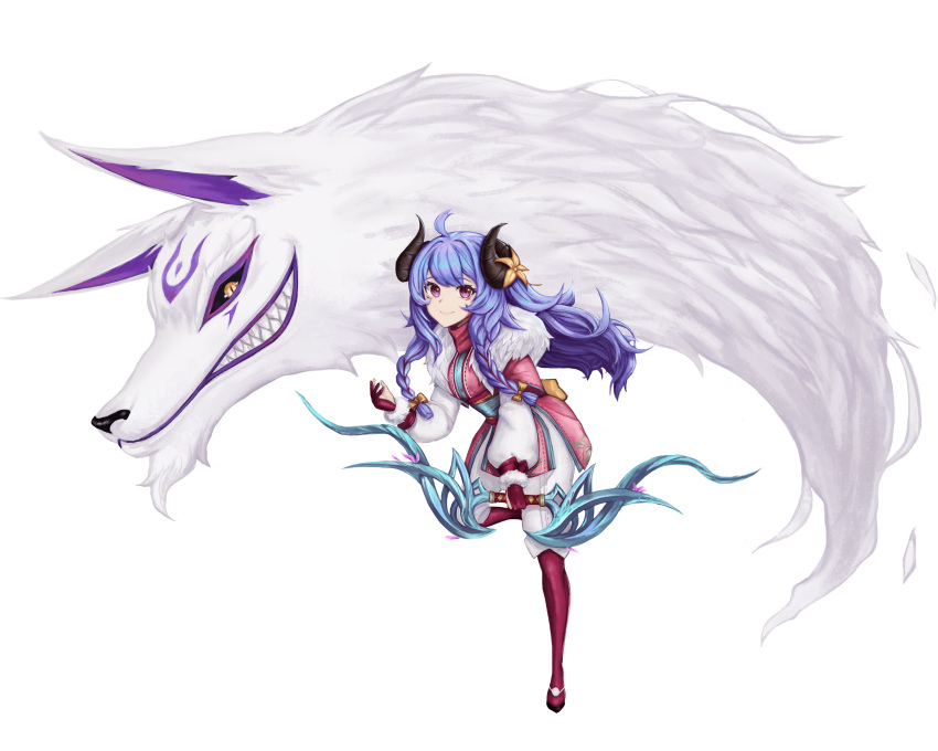 1girl absurdres blue_hair bow_(weapon) braid closed_mouth copy curled_horns eyebrows_visible_through_hair gloves highres holding holding_weapon horns kindred_(league_of_legends) lamb_(league_of_legends) league_of_legends legwear_under_shorts long_hair long_sleeves looking_at_viewer pantyhose purple_eyes shorts spirit_blossom_kindred twin_braids weapon white_background white_shorts wolf_(league_of_legends)