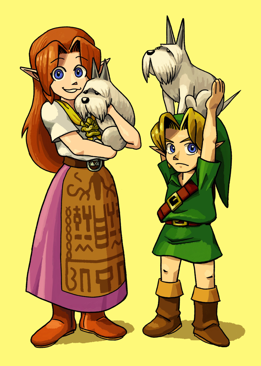 1boy 1girl absurdres animal arms_up belt blonde_hair blue_eyes boots brown_footwear brown_hair cremia dog green_headwear green_tunic hat highres holding holding_animal holding_dog link long_hair parted_lips pointy_ears purple_skirt shadow shirt shirt_tucked_in short_sleeves simple_background skirt smile standing the_legend_of_zelda the_legend_of_zelda:_majora's_mask toonyrab tunic white_shirt yellow_background
