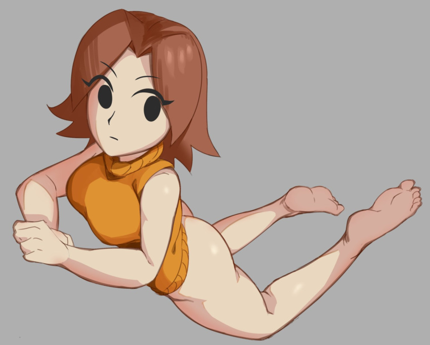 1girl ass bangs bare_shoulders barefoot bottomless breasts brown_hair closed_mouth commentary english_commentary expressionless eyebrows_visible_through_hair eyes_visible_through_hair feet full_body grey_background highres large_breasts legs_up looking_back lying mii_(nintendo) mii_gunner on_stomach orange_sweater parted_bangs shiny shiny_skin shirt short_hair simple_background sleeveless sleeveless_sweater sleeveless_turtleneck soles solo super_smash_bros. sweater the_pose toes turtleneck vulpyalt