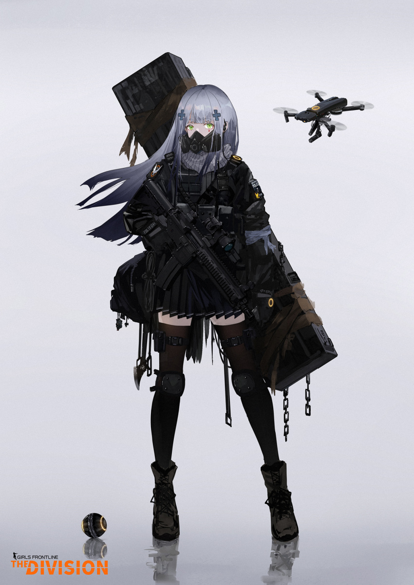 1girl assault_rifle bangs black_gloves black_jacket black_legwear black_skirt blunt_bangs drone facial_mark gas_mask girls_frontline gloves green_eyes gun h&amp;k_hk416 hair_ornament highres hk416_(girls_frontline) holding holding_gun holding_weapon jacket knee_pads long_hair pleated_skirt rifle scarf shoes silver_hair skirt solo straight_hair strap tactical_clothes thighhighs tom_clancy's_the_division weapon weapon_case yuuki_mix zettai_ryouiki