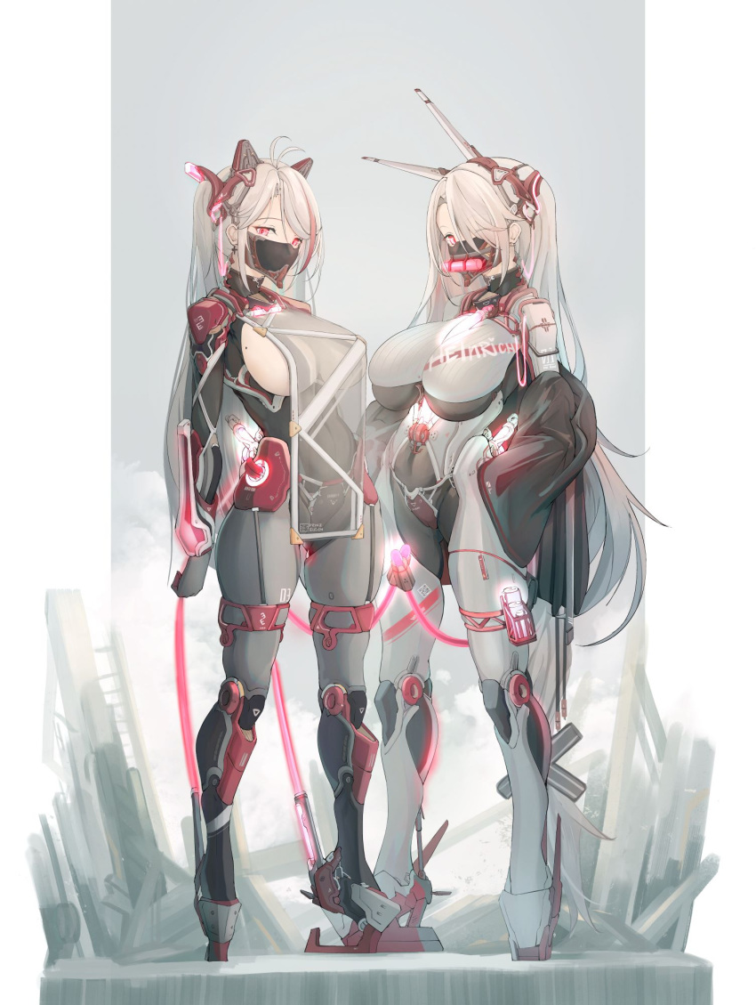 2girls antenna_hair antennae azur_lane bangs bodysuit braid braided_ponytail breasts cameltoe character_name cross cross_earrings cross_hair_ornament earrings english_commentary glowing glowing_tail hair_ornament high_heels highres iron_cross jewelry large_breasts long_hair mask mecha_musume mechanical_ears mechanical_parts mixed-language_commentary mole mole_on_breast mouth_mask multiple_girls one_eye_closed prinz_eugen_(azur_lane) prinz_heinrich_(azur_lane) qr_code red_eyes sideboob silver_hair skindentation swept_bangs tube twintails yusha_(m-gata)