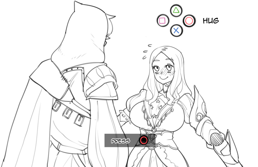 1boy 1girl assassin's_creed_(series) assassin's_creed_ii blush breasts commentary english_commentary ezio_auditore_da_firenze fate/grand_order fate_(series) flying_sweatdrops gameplay_mechanics height_difference hood imminent_hug large_breasts leonardo_da_vinci_(fate/grand_order) long_hair minkye monochrome parody quick_time_event