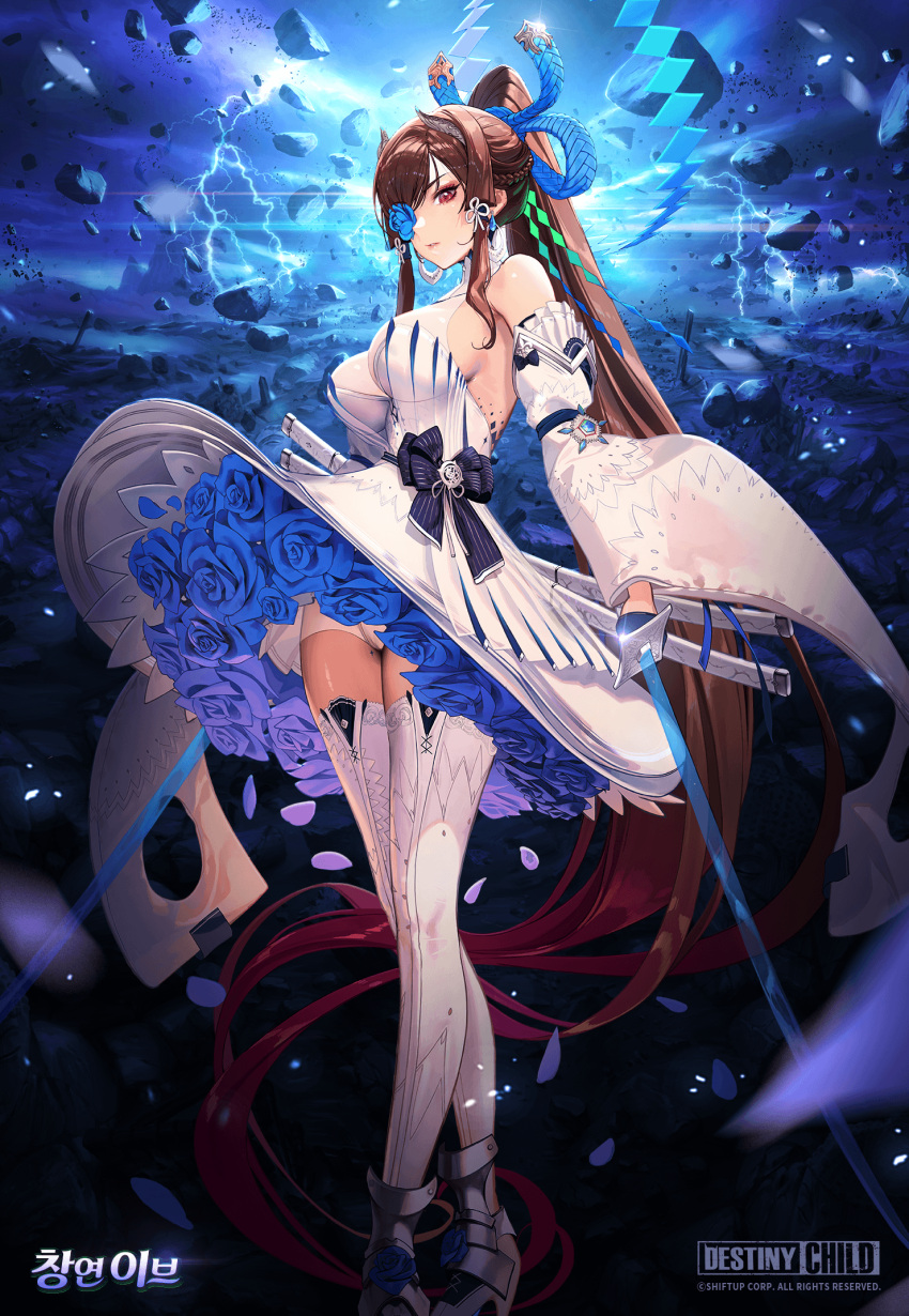 1girl absurdly_long_hair bare_shoulders blue_flower blue_rose bow breasts copyright_name destiny_child detached_sleeves dress earrings eve_(destiny_child) flower flower_eyepatch hair_bow hair_ornament highres holding holding_weapon jewelry korean_text large_breasts lightning logo long_hair official_art ponytail rose sheath solo thighhighs very_long_hair weapon white_dress