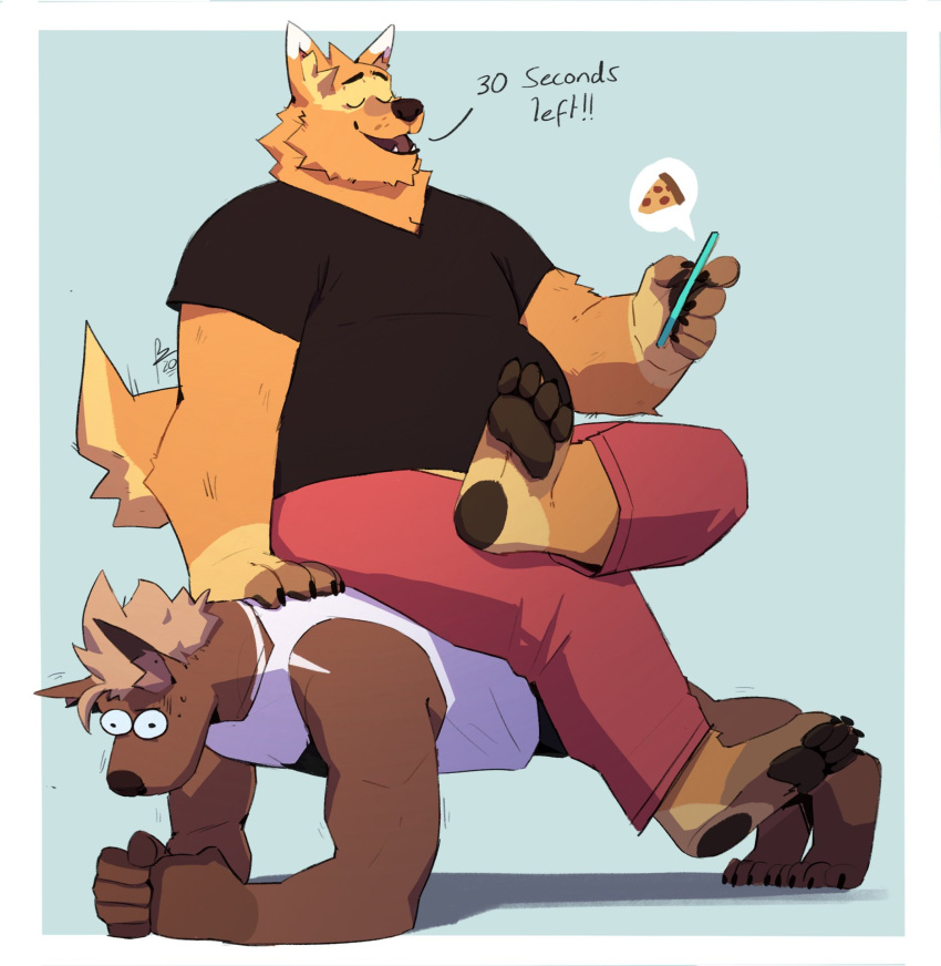 anthro black_t-shirt bodily_fluids borkthunder bottomwear brown_body brown_fur canid clothed clothing duo exercise eyes_closed fur hi_res male mammal muscular muscular_male orange_body orange_fur pants paws phone push-up sitting_on_person sweat wide_eyed