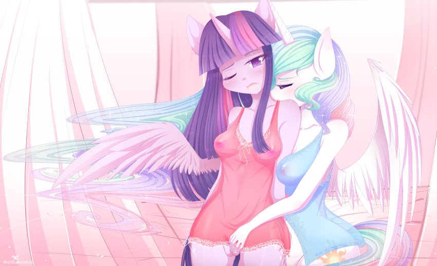 absurd_res anthro anthrofied babydoll breasts clothing equid female female/female fingering friendship_is_magic genitals hasbro hi_res horn lingerie mammal my_little_pony nightgown pastelmistress princess_celestia_(mlp) pussy twilight_sparkle_(mlp) winged_unicorn wings