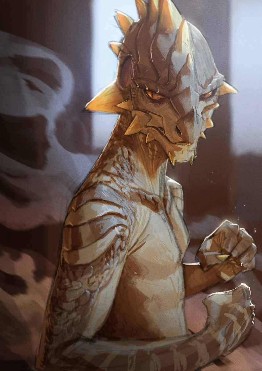 2019 anthro beige_scales belly_scales black_pupils blurred_background brown_body brown_scales colored colored_nails detailed_background fin fist furniture grin head_fin head_spikes hi_res light lizard lizardfolk male monoflax nails narrowed_eyes nude orange_sclera pupils reptile scales scalie sharp_nails slit_pupils smile solo spikes spikes_(anatomy) steam table vord_(monoflax) window yellow_nails yellow_spikes