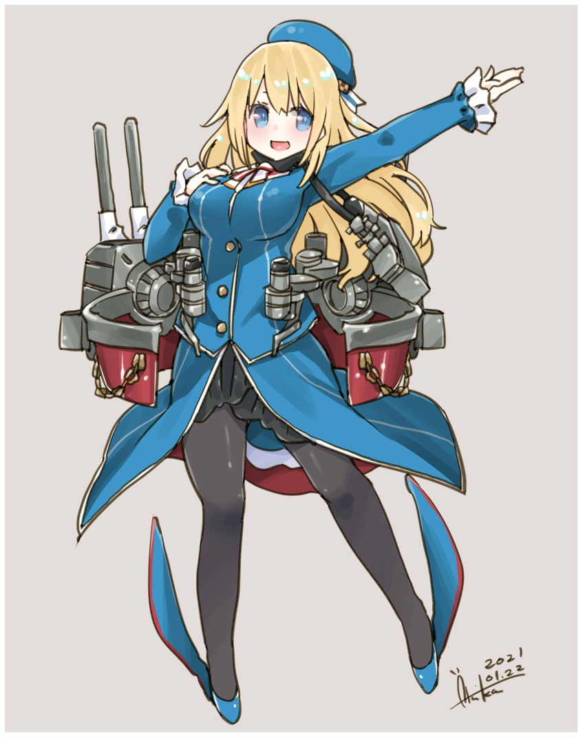 1girl absurdres alternate_eye_color ascot atago_(kantai_collection) beret black_gloves black_skirt blonde_hair blue_eyes blue_headwear blush breasts cannon collared_shirt commentary dated frilled_sleeves frills full_body gloves hand_on_own_chest hat high_heels highres inica jacket kantai_collection large_breasts long_hair long_sleeves machinery military military_uniform open_mouth pantyhose rigging shirt signature skirt smile smokestack solo turret uniform