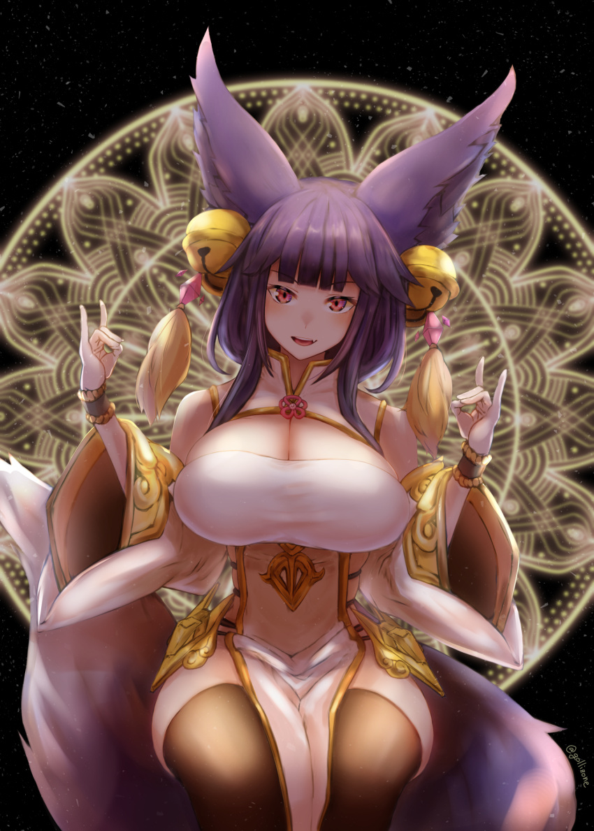 alternate_breast_size alternate_costume alternate_hairstyle animal_ears breasts cleavage detached_sleeves erune fang fox_ears fox_girl fox_shadow_puppet fox_tail gollizo granblue_fantasy highres large_breasts mandala red_eyes tail thighhighs wide_sleeves yuel_(granblue_fantasy)