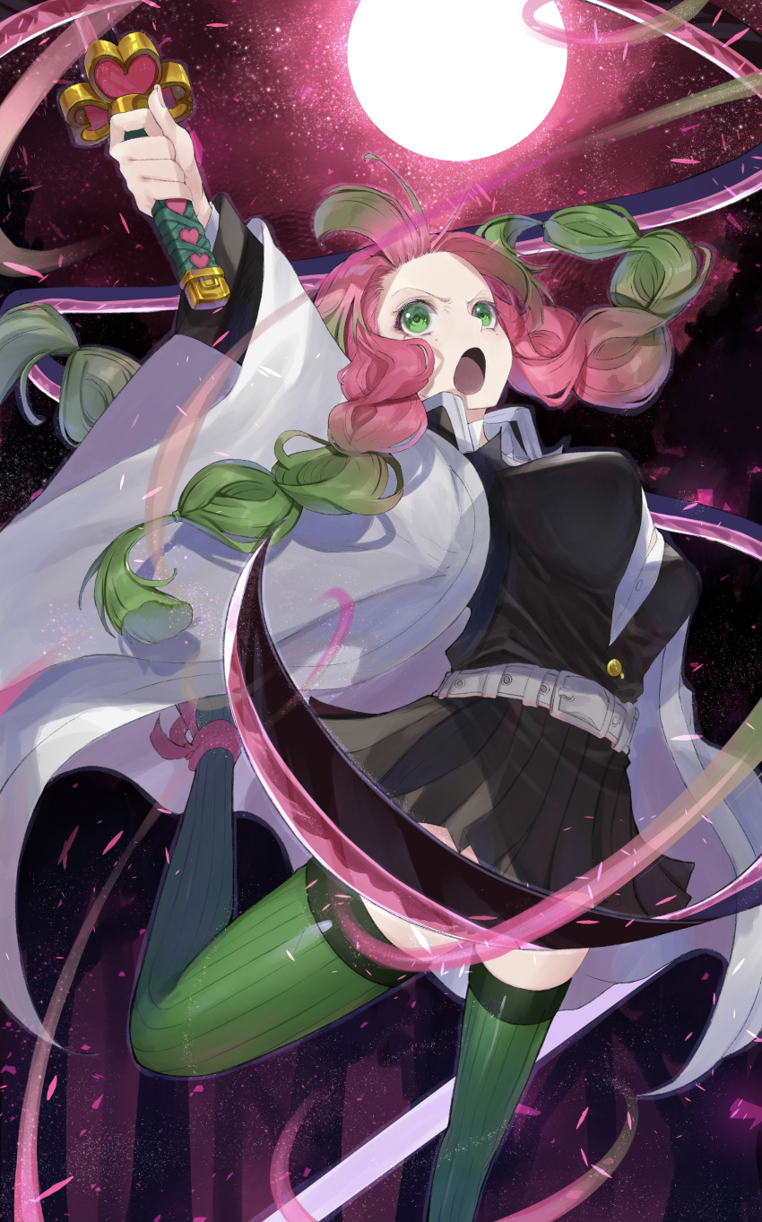 1girl absurdres belt black_skirt braid breasts coat green_eyes green_hair green_legwear highres holding holding_sword holding_weapon kanroji_mitsuri katana kimetsu_no_yaiba large_breasts looking_at_viewer moon multicolored_hair open_clothes open_coat open_mouth petals pink_hair pleated_skirt r_(ryo) skirt solo sword thighhighs twin_braids twintails uniform weapon