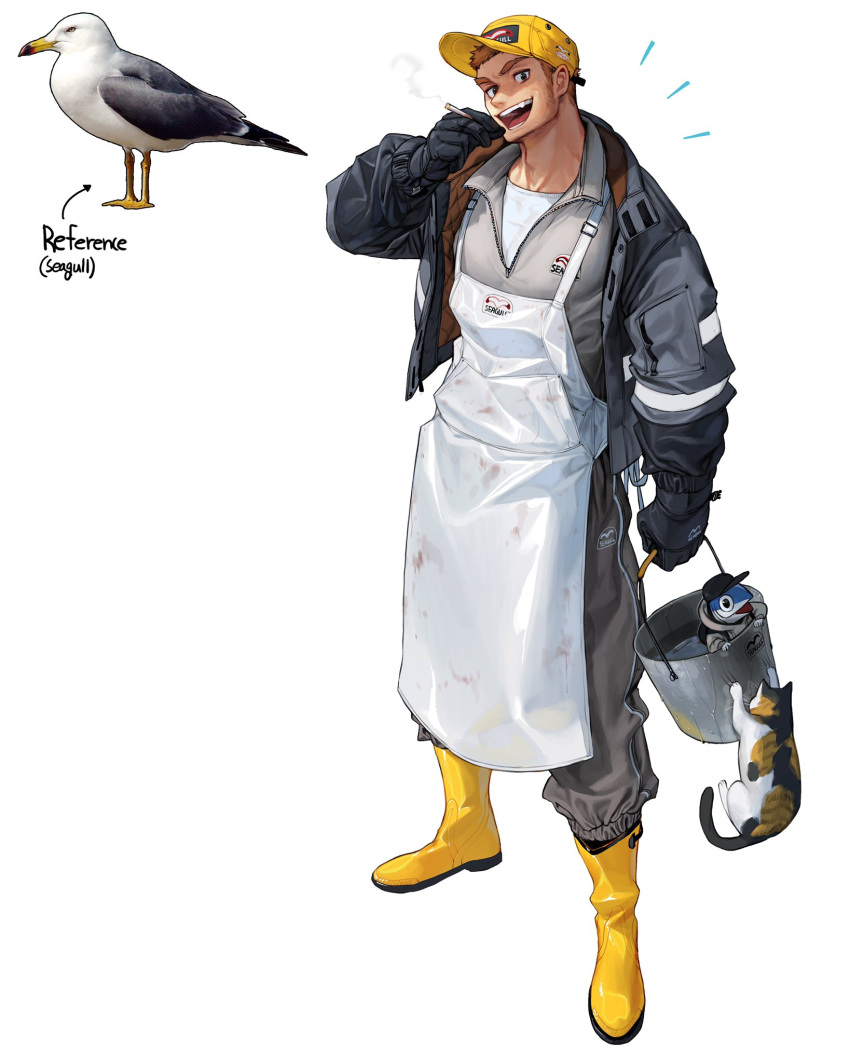 1boy apron baseball_cap bird black_jacket boots bucket cat cigarette fish grey_pants hat highres holding holding_bucket holding_cigarette jacket long_sleeves open_mouth original pants rinotuna seagull simple_background smile solo white_apron white_background yellow_footwear yellow_headwear